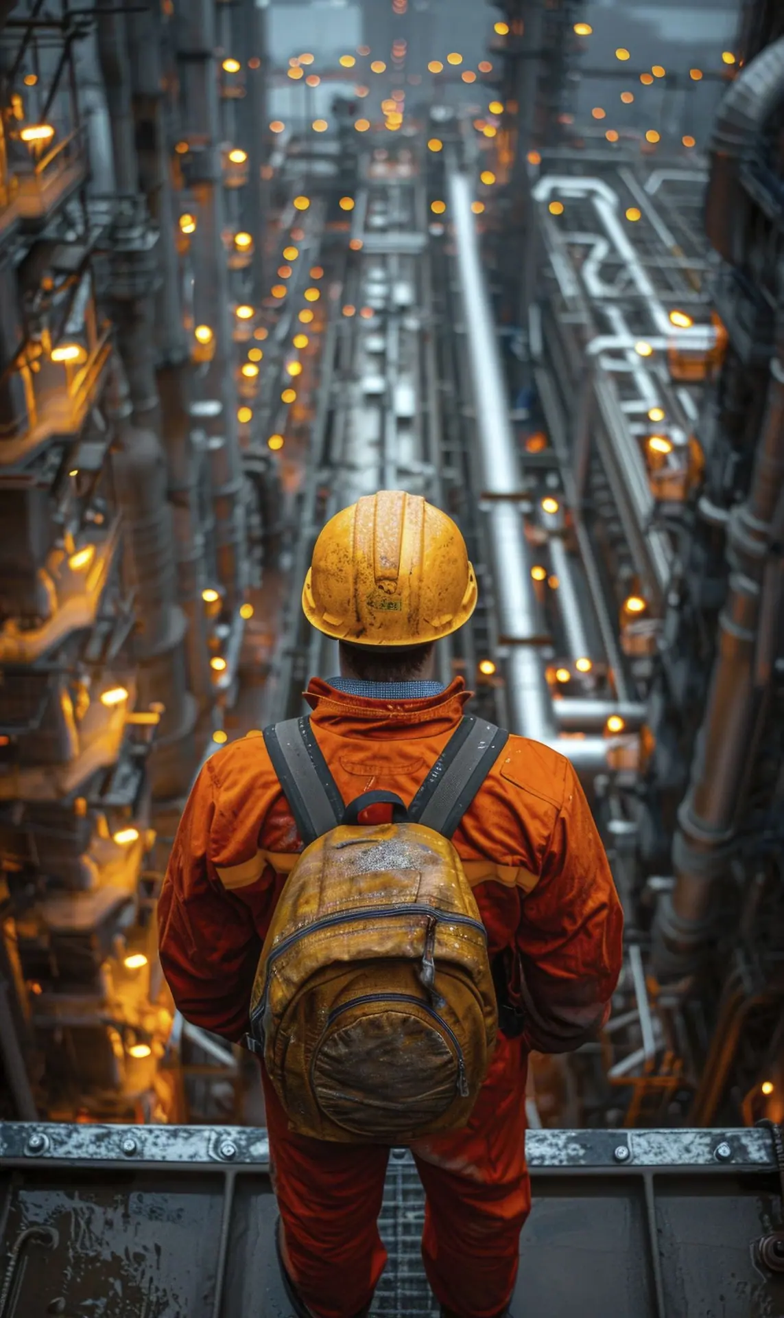 Worker in hard hat and hi-vis vest facing an industrial processing plant